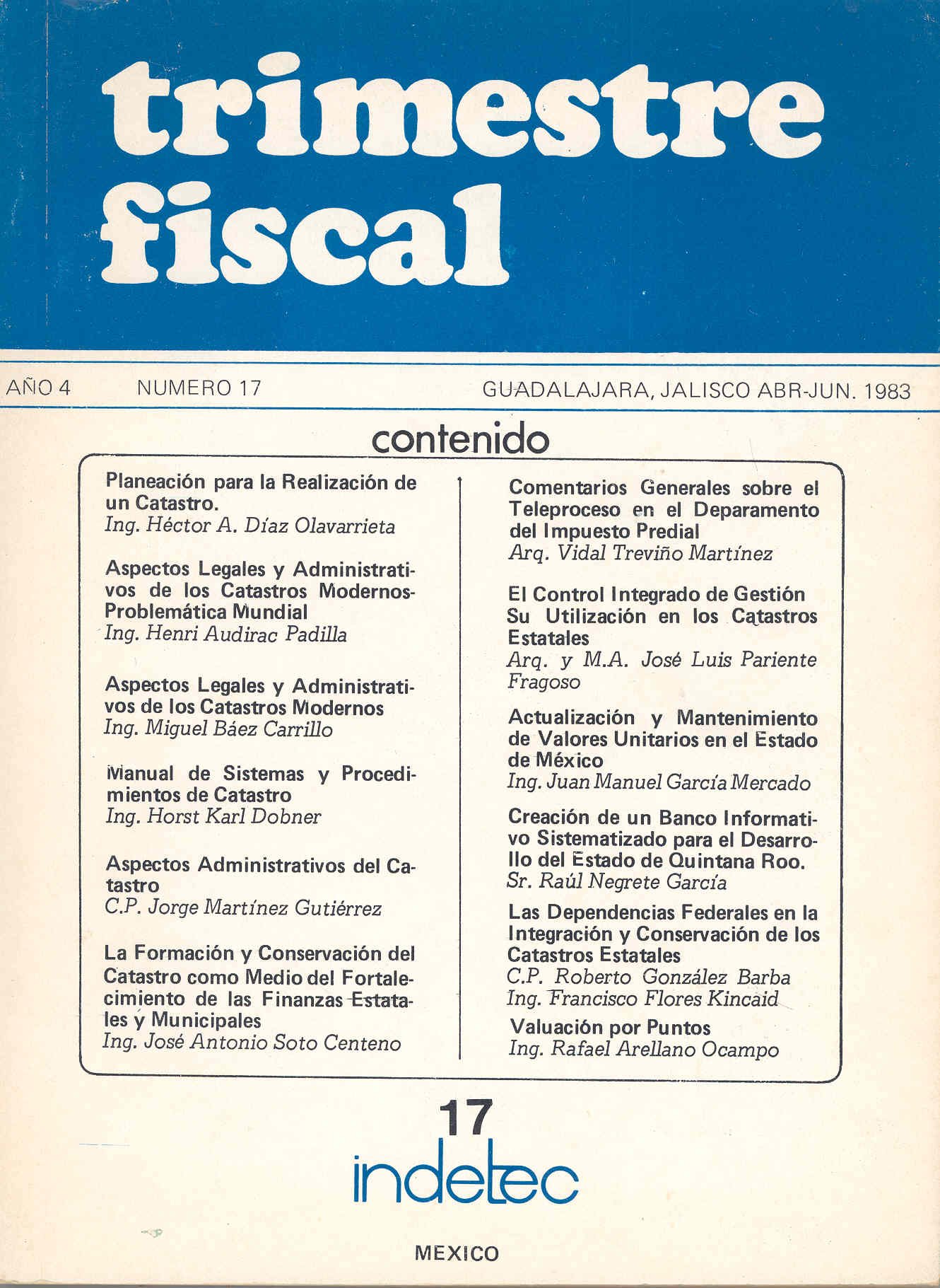 Portada e índice de Trimestre Fiscal, año 4, número 17, abril-junio de 1983