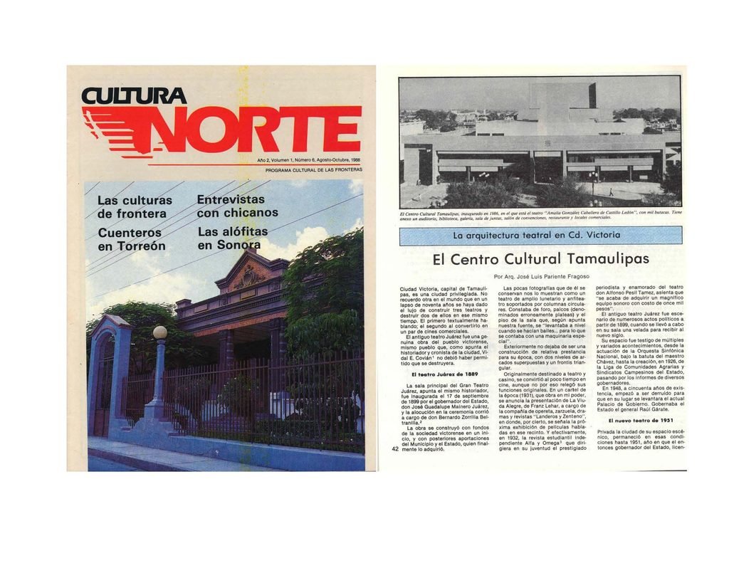 Artículo La arquitectura teatral en Ciudad Victoria, publicado en Cultura Norte en 1988