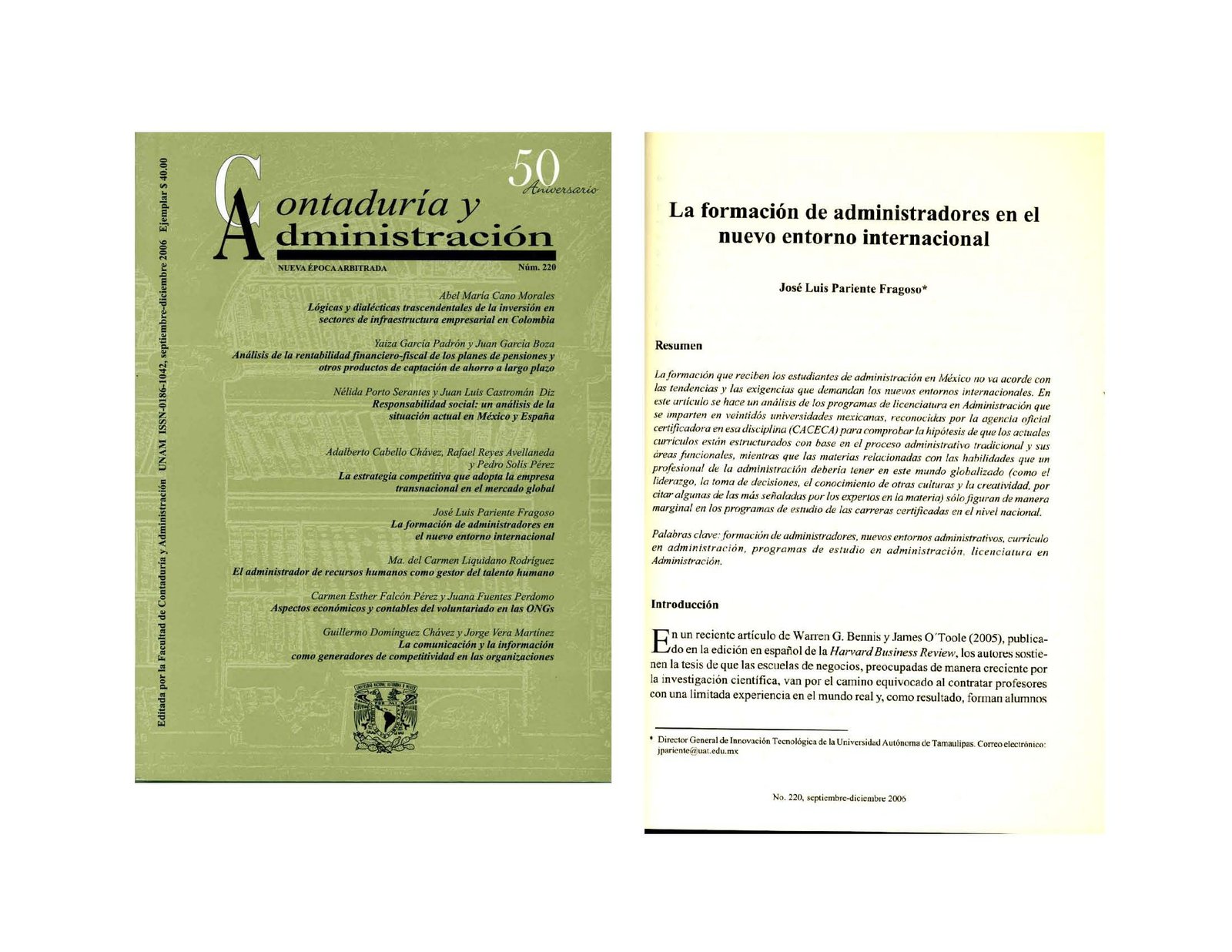 Portada de Contaduría y Administración, número 220, y primera página del artículo La formación de administradores en el nuevo entorno internacional
