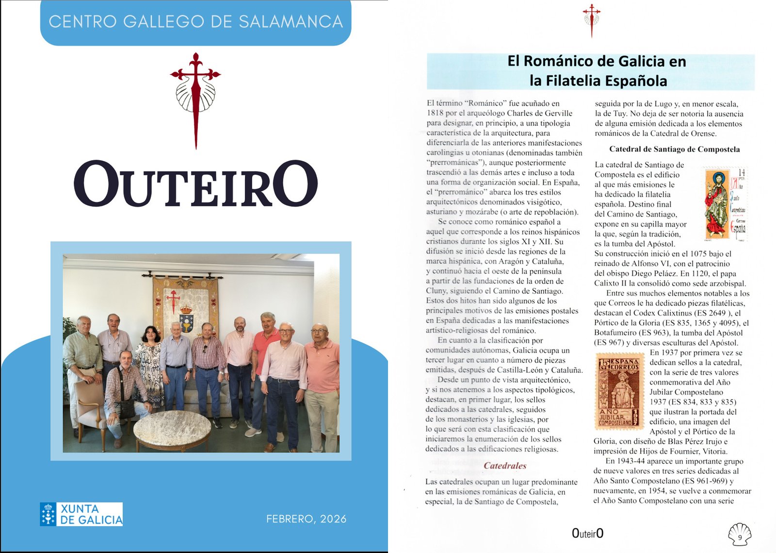 Composición de la portada de OUTEIRO 2026 y el artículo El Románico de Galicia en la filatelia española